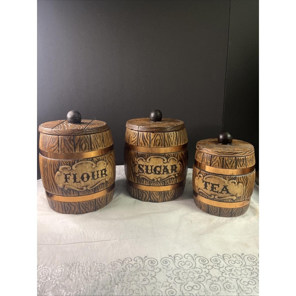 1960's Set of 3 MCM Treasure Craft Ceramic Canister Barrel Flour Sugar Tea